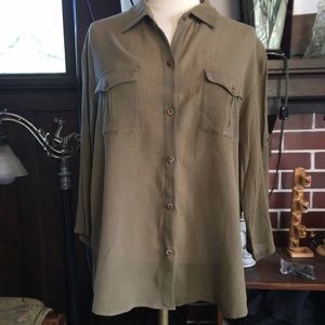 Vintage Liz Claiborne Cotton Crepe Knit Lightweight Shirt, Olive, US Size L